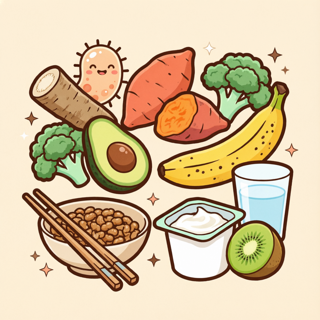 食物繊維が豊富な食品のイラスト。ごぼう、さつまいも、アボカド、ブロッコリー、バナナ、納豆、ヨーグルト、水、キウイ