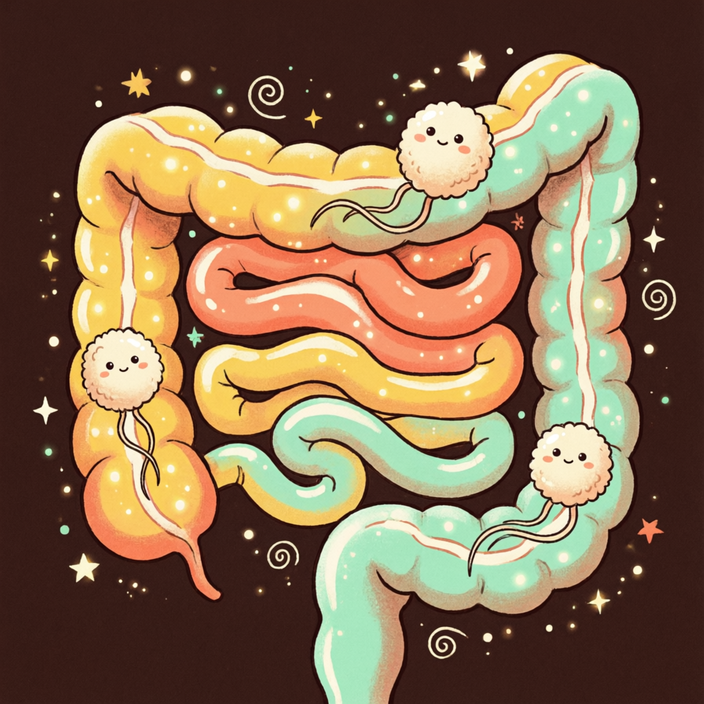 腸内宇宙を描いたイラスト。腸管を宇宙に見立て、にっこりした腸内細菌が星のように漂う
