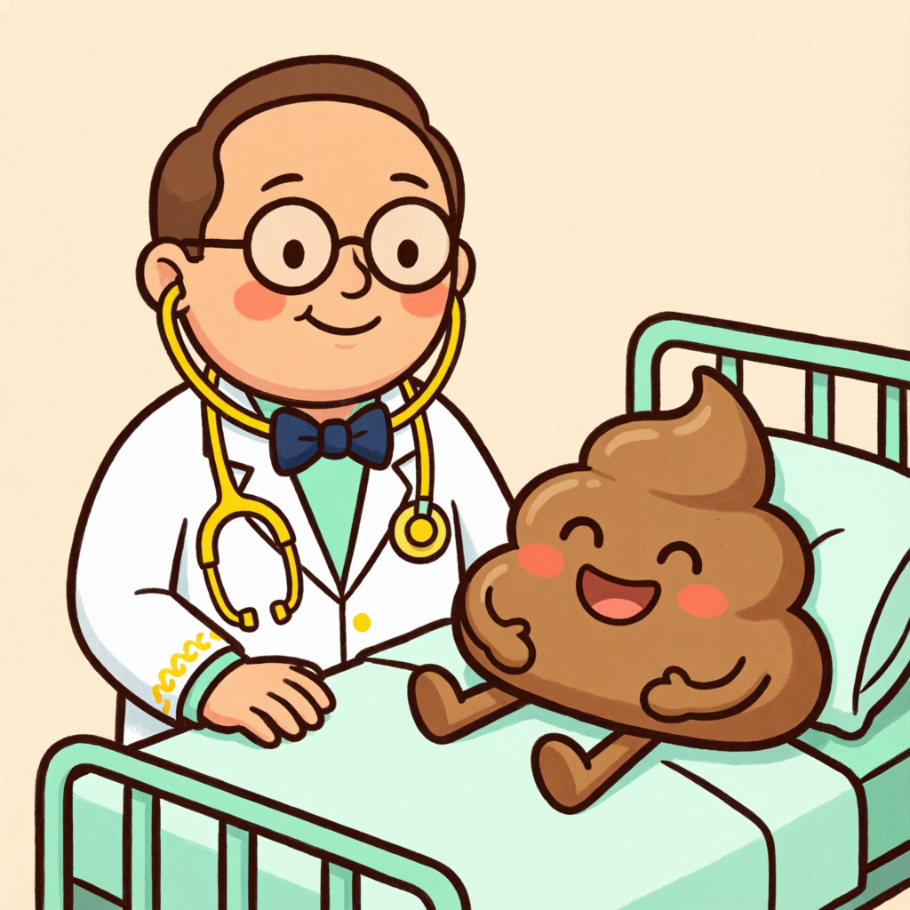 聴診器を持った優しい医師が、笑顔のうんこキャラクターを診察しているイラスト